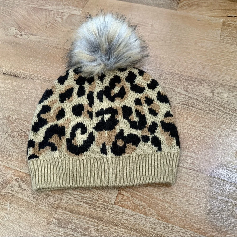 J. Crew Kids Leopard Print Beanie with Pom Pom